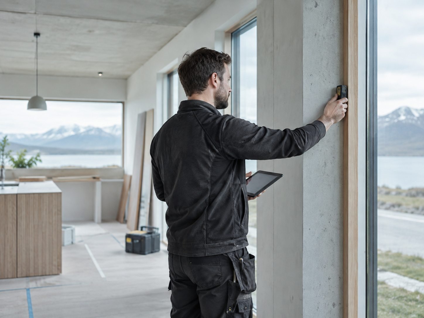 Fagmaður skoðar og mælir byggingarhluta